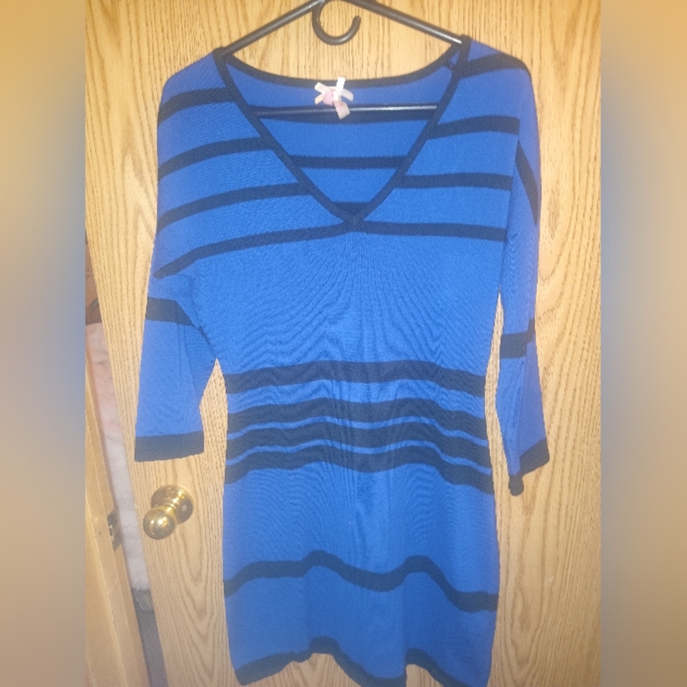 Derek Heart Dress Women Large Black Blue Knee Length 3/4 Sleeve Knit-Runs Small